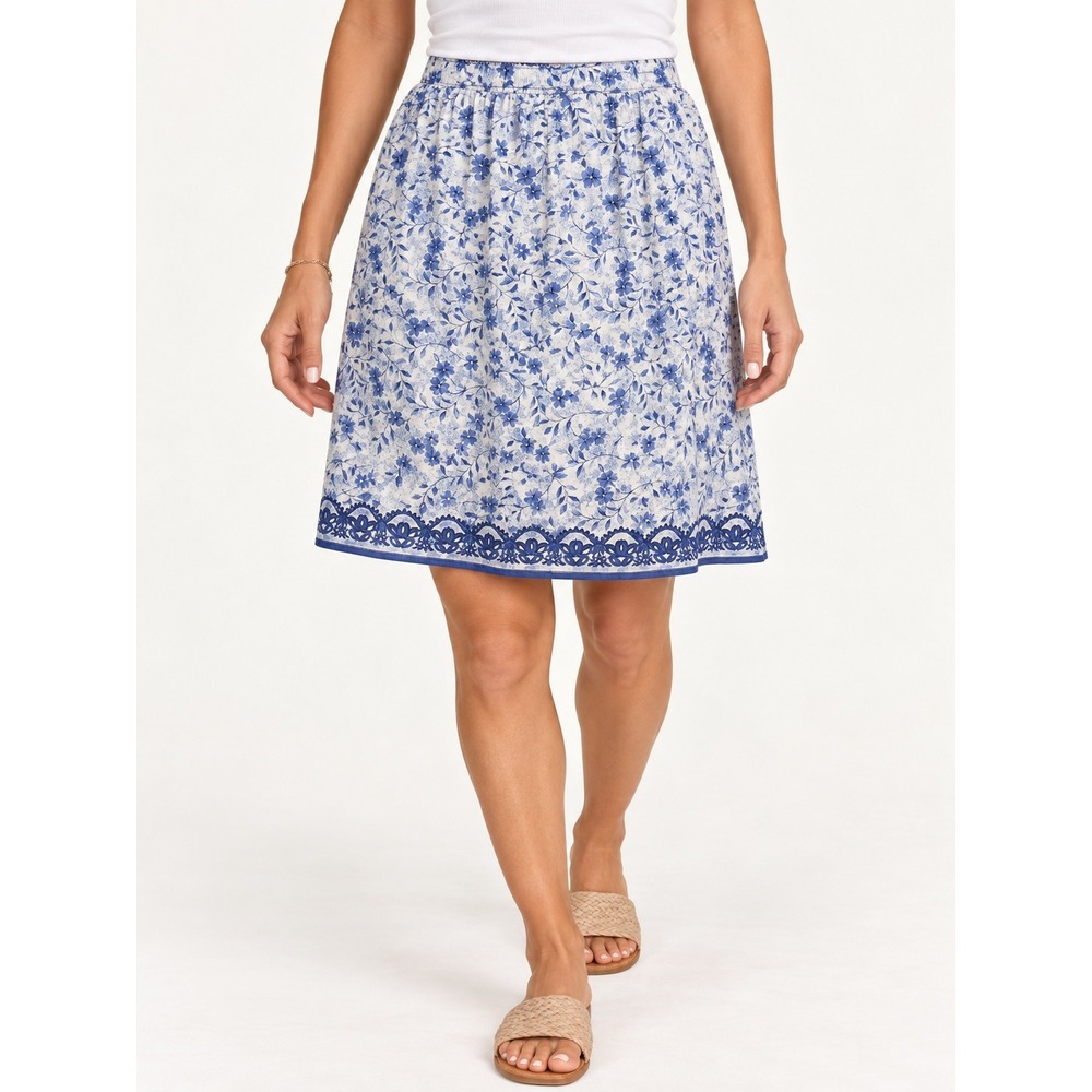 Christopher & Banks Vintage Floral Linen Blend Midi Skirt Blue White Lace Trim L